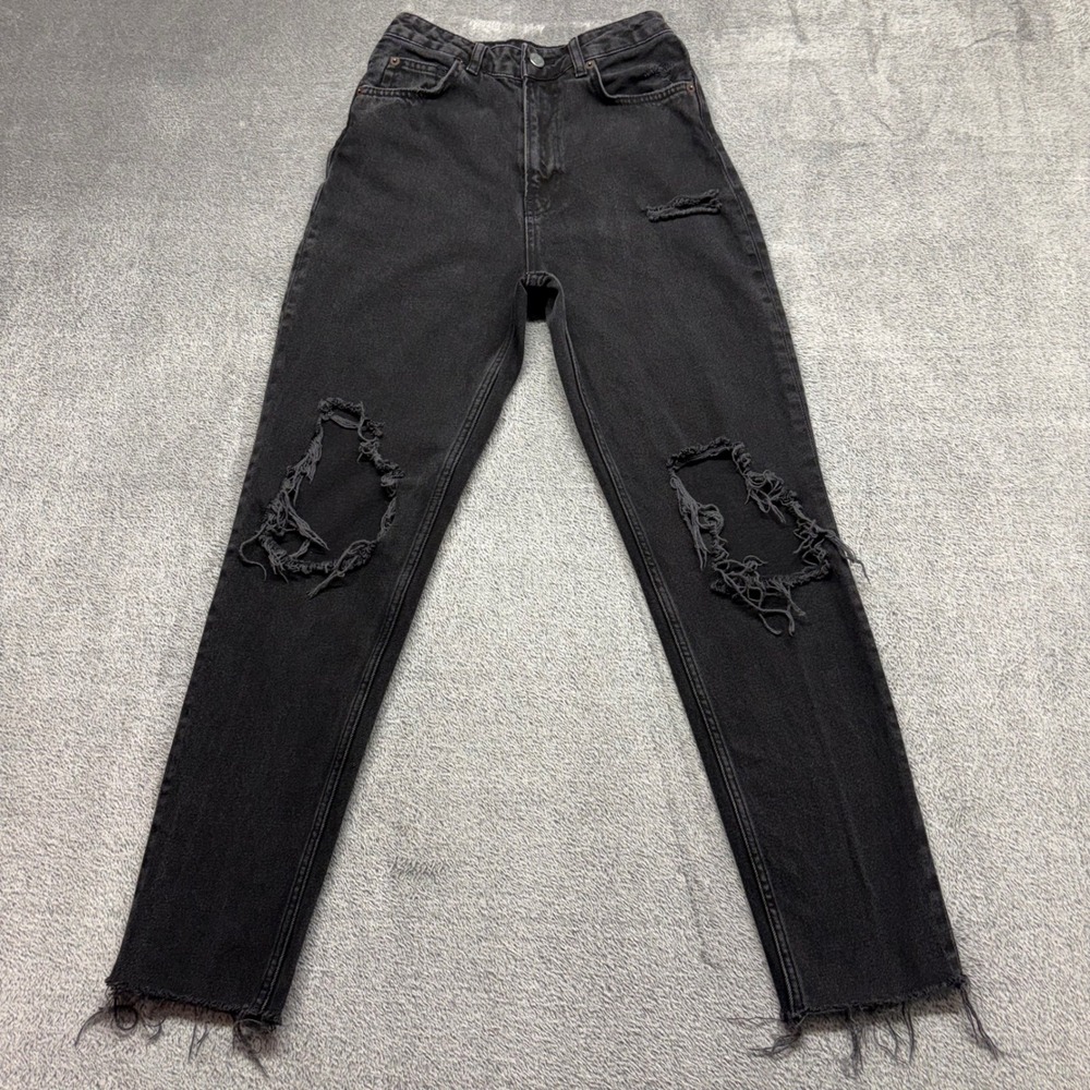 Stradivarius Mom Jeans Womens Size‎ 2 Black Good Distressed High Waist Denim